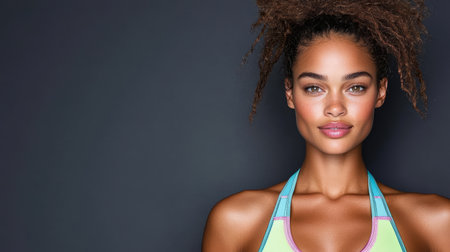 A Strong woman in colorful sport bra, showcasing confidence and beautyの素材