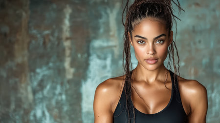 An Athletic woman in black sports bra with confident expressionの素材