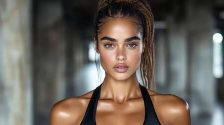 An Athletic woman in black sport bra exuding confidence and strengthの素材