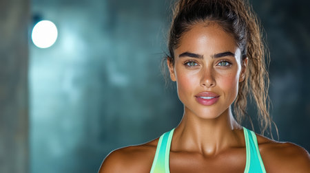 An Energetic woman in colorful sport bra, glowing with confidenceの素材