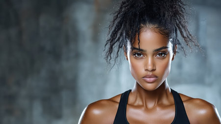 An Empowered woman in black sports bra radiating strength and confidenceの素材