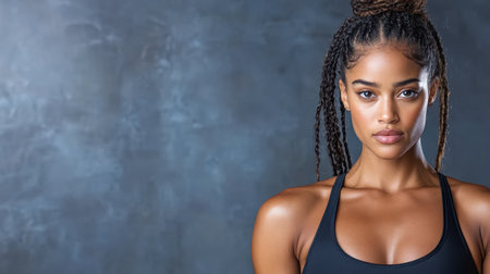 A Strong woman in black sports bra exuding confidence and strengthの素材