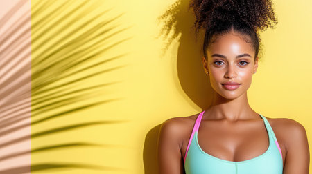 An Athletic woman in colorful sports bra against vibrant yellow backgroundの素材