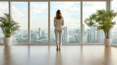 A confident female CEO standing in modern office with city viewの素材