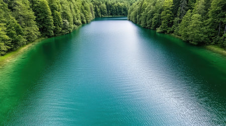 A serene mountain lake surrounded by lush green trees, reflecting vibrant colorsの素材