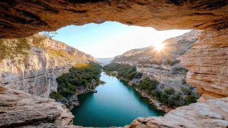A Breathtaking canyon view with river and sunset light illuminating rocksの素材