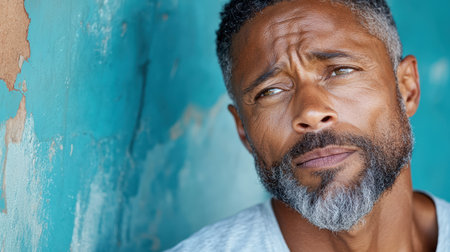 An Emotional close up of man with thoughtful expression against textured backgroundの素材