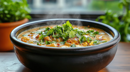 A steaming bowl of rich, spicy noodle soup topped with fresh herbsの素材
