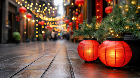 A Vibrant red lanterns illuminate festive street adorned with lightsの素材