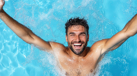 A Joyful man diving into pool, creating splash of waterの素材