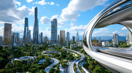 A Futuristic city skyline with skyscrapers and advanced transportation systemsの素材