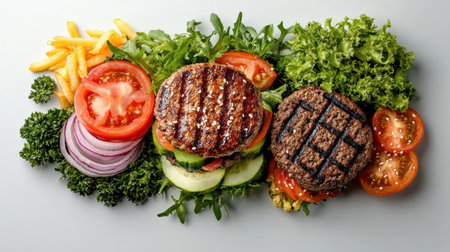 A Gourmet burger with fresh vegetables and fries, delicious meal optionの素材