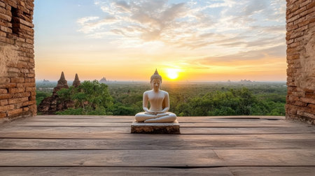 A serene Buddha statue at sunrise over ancient ruins, evoking tranquilityの素材