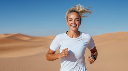 A fit woman sprinting across desert with determination and joyの素材