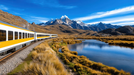 A luxury train winding through Peruvian Andes, surrounded by stunning mountains and serene riverの素材