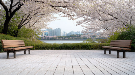 A serene cherry blossom park in Seoul with wooden benches and viewの素材