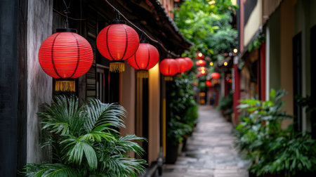 A serene walk through vibrant alley adorned with red lanternsの素材