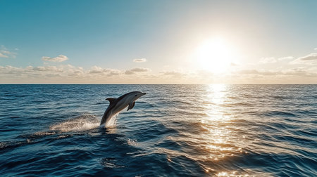 A dolphin leaps gracefully from ocean at sunset, creating serene momentの素材