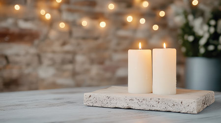 A Soft candlelight creates warm atmosphere with two candles on stone trayの素材