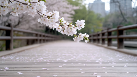 A serene cherry blossom park in Seoul with soft pink petals scatteredの素材