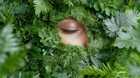 A serene face partially hidden among lush green foliage, symbolizing harmony with natureの素材