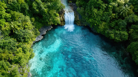 A stunning waterfall cascading into turquoise pool surrounded by lush greeneryの素材