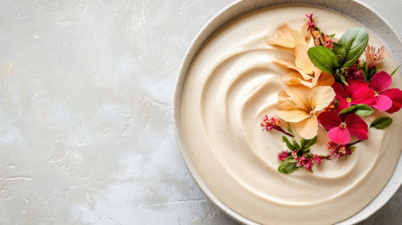 A Creamy smoothie bowl topped with vibrant edible flowers and fresh herbsの素材