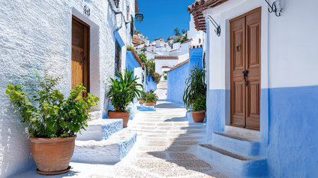 A beautiful view of Chefchaouen, blue city, with winding streets and vibrant plantsの素材
