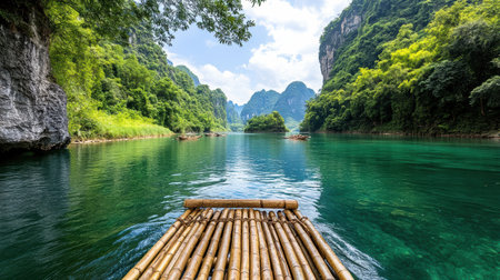 A serene bamboo raft floats on tranquil river surrounded by lush mountainsの素材