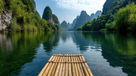 A serene bamboo raft floats on tranquil river surrounded by karst mountainsの素材