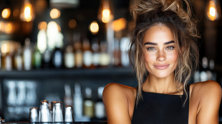 A confident woman with bold makeup smiling in stylish bar settingの素材