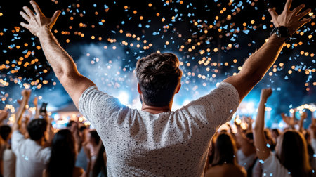A vibrant party scene with people celebrating and confetti fallingの素材