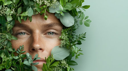 A serene portrait of person surrounded by lush green foliage, symbolizing harmony with natureの素材