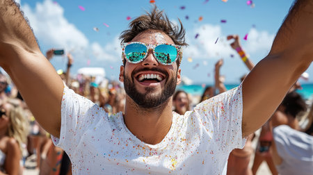 A joyful man celebrating at vibrant beach festival with colorful confettiの素材