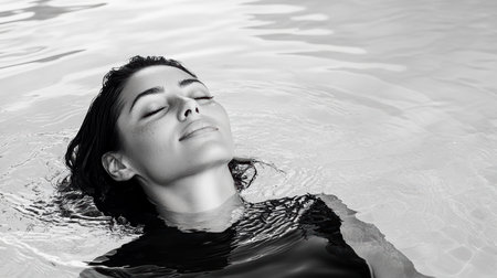 A woman floating on her back in water, eyes closed, serene expressionの素材