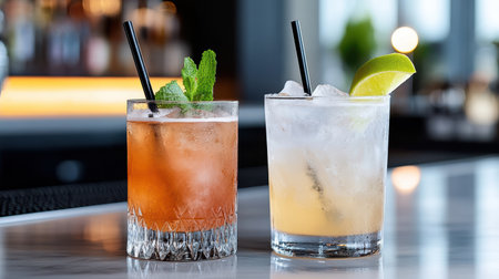 A Refreshing cocktails with mint and lime on stylish bar counterの素材
