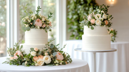 An Elegant wedding cakes adorned with floral designs and greeneryの素材