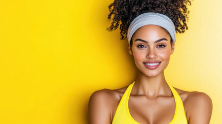 A Confident woman in yellow workout outfit smiling against bright backgroundの素材