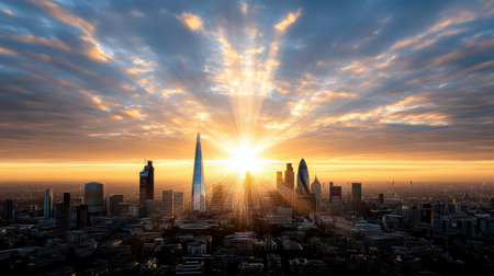A stunning sunrise over historic city skyline with golden raysの素材