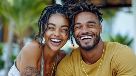 A Young couple laughing together, enjoying sunny picnic outdoorsの素材