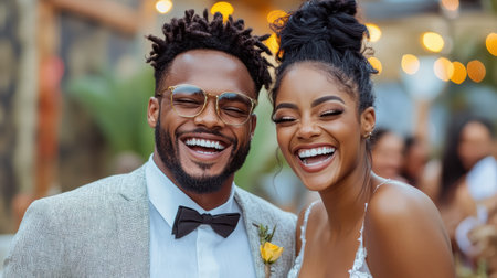 A joyful couple celebrating their wedding with bright smiles and laughterの素材