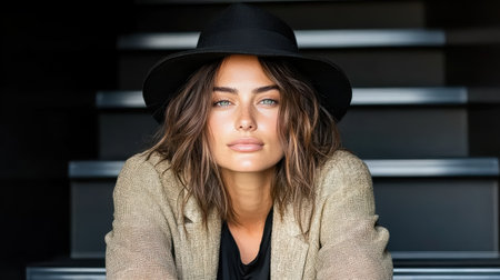 A stylish woman with hat and blazer poses confidently on stairsの素材