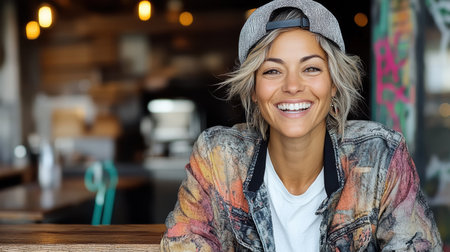 A cheerful woman in casual outfit smiling in cafe settingの素材