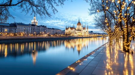 A stunning view of illuminated Parliament Building by river at duskの素材