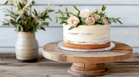 A beautifully simple wedding cake decorated with fresh flowers and greeneryの素材