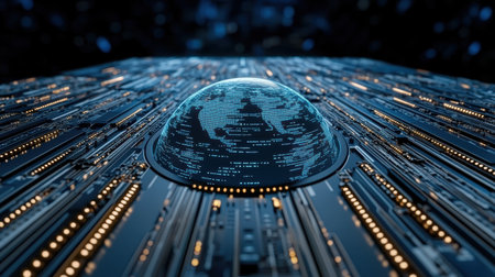 A digital globe surrounded by cybersecurity barriers, showcasing technologyの素材