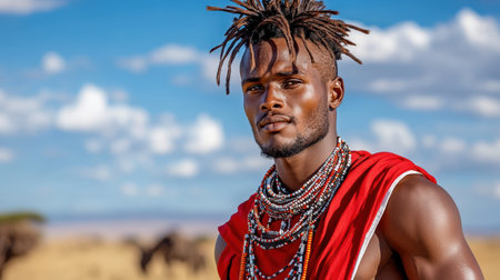A proud warrior in traditional red attire stands confidently against vibrant landscapeの素材