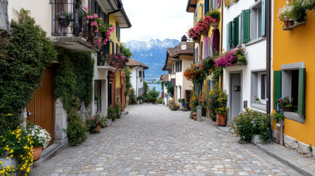 A charming Swiss village with colorful houses and cobblestone streetsの素材