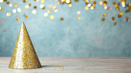 A shiny gold party hat with glitter on wooden table, celebrating joyfullyの素材
