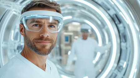 A doctor wearing AR technology glasses in futuristic medical facilityの素材